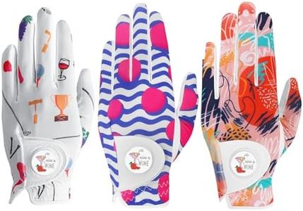 VEASAERS Golf Gloves Women Right Handed Golfer Left Hand with Ball Marker 3 Pack, Ladies Breathable Soft All Weather Grip Printed Pattern Colored Glove (3 Pack Full Finger, Medium, Worn On Left Hand)