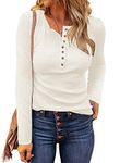 WNEEDU Women's Waffle Knit Tops Button Down V Neck Tunic Long Sleeve Henley Shirts 2024 New Casual Blouses Beige S