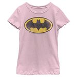 Warner Bros. Girls Batman Classic Faded Logo Girls Short Sleeve Tee Shirt, Light Pink, S