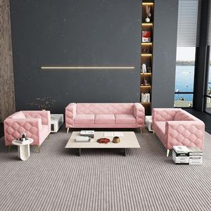 ORRD 3 Pieces Chesterfield Sofa Set, Upholstered Couch with Square Arms and Tufted Back, Modern Sofa Velvet Loveseat Couch Sets with Metal Buckle and Metal Legs Decor for Living Room, Bedroom (Pink)