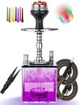 Hookah Set 2 Hose With Everything - Micro Cube Acrylic Hookah With Silicone Bowl Coal Tong Hookah Charcoal Holder Hookah Tips Magical Remote LED Light for Better Shisha Narguile Smoking