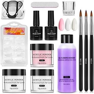 Yokilly Acrylic Nail Kit,Acrylic Powder Set with Pink White Clear Colors,100PCS Nail Tips Acrylic Nail Kits Set with Nail Art Brush,Glass Cup,Nail File (White Clear Pink-1)