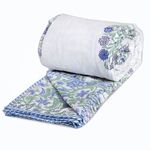 TOAI Art Jaipuri Dohar Quilt for Summer Hand Block Printed 3 Layers Reversible 100% Mulmul Cotton Flannel Filling Double Size 90" x 108" Mughal Motif (White Blue Green)