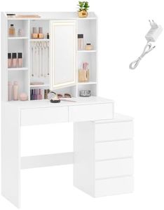 VASAGLE Tocador con Luces LED de Brillo Ajustable, Mesa de Maquillaje con Espejo, Compartimentos Abiertos, Estantes Ajustable, Estación de Maquillaje, Moderno, Blanco Nube RDT124W01