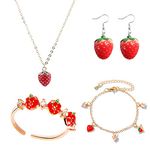 FUTIMELY 4 Pcs Strawberry Jewelry Set Red Strawberry Necklace, Strawberry Earrings, Strawberry Ring, Strawberry Bracelet Cute Food Fruit Charm Jewelry for Woman, Copper and Alloy