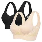 HudiMsat 2Pack Sports Bras for Women Full Support Plus Size Bras for Women Wirefree Breathable Sleep Bra Sports Bras for Women Full Support (XXL) Black