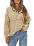 EXLURA Womens 2024 Fall Fashion Long Sleeve Henley Shirts Casual Button Down V Neck Tunic Blouses Loose Pullover Tops Outfits, Khaki, Small