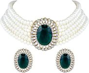 I Jewels Gold Plated Indian Wedding Bollywood Green Stone Studded Pearl Choker Necklace Jewellery Set For Women/Girls (ML316G)