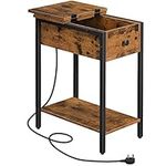 HOOBRO Narrow Side Table, Slim Bedside Table with Charging Station, USB Ports & Power Outlets, Nightstand for Living Room, Bedroom, Flip Top, Rustic Brown and Black EBF348KBZ01