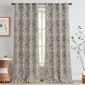 jinchan Room Darkening Curtains for Bedroom Grey Damask Patterned Curtains 84 Inch Length for Living Room Linen Textured Vintage Drapes Medallion Window Treatments Grommet Top 2 Panels Set