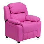 Flash Furniture Deluxe Padded Contemporary Kids Recliner with Storage Arms, Wood, Hot Pink Vinyl, 66.04 x 53.34 x 53.34 cm