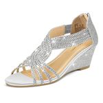 PIZZ ANNU Women's Diana Low Wedge Sandals Sparkly Rhinestone Open Toe Fashion Dress Shoes for Woman Lady in Bridal Dance Evening, Silver Glitter 8