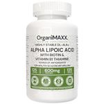 Alpha Lipoic Acid (ALA) OrganiMAXX 600mg Max Strength 125 Capsules Alpha GPC With Vitamin B1 Thiamine & Biotin. Non-GMO Vegan Friendly, Free of Gluten, Soy & Dairy. Premium Alpha Lipoic Acid Supplement For Blood Sugar Control, Antioxidant, Liver Support, Cardiovascular, Nerve Damage Repair & Metabolic Support