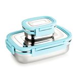 GANESH Craze Stainless Steel Tiffin Lunch Box Container/Dabba with 4 Side Clip Lock Lid for Office & School Use/Food Grade/Air Tight/Easy to Carry/Leak Proof(650ml 1pc + 140ml 1 Pc) Blue