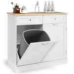 COSTWAY Sideboard with Trash Bin Hamper, Rubber Wood Top Tilt-out Trash Cabinet, Freestanding Storage Cupboard Unit for Kitchen Laundry, No Trash Can (White)