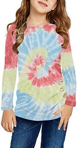 Ecokauer Girls Clothes Tie Dye Casual Long Sleeve Big Girls Fashion Tunic Girls' Tops, Tees & Blouses for Children Side Buttons Cute Loose Tee Shirts Size 8-9 Multicolor Pink