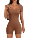 CMTOP Jumpsuit for Women Yoga Jumpsuits Romper Short Sleeves Bodycon Sport Shorts One Piece Short Jumpsuit Square Neck Playsuit Slim Fit Bodysuit Casual Workout Jumpsuit Unitards(Brown, M)