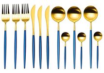 NAIDEV 12 PCs Golden Flatware, Silverware Set Cutlery Set Stainless Steel Tableware Kitchen Set Dinnerware Spoon Fork Knife Dinner Set Utensils Set (Blue, 12)