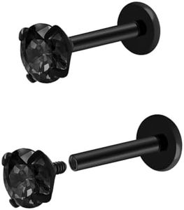 Pierstyles 16G 18G Titanium Internal Thread CZ Stud Earrings Flat Back, Silver Black Tragus Helix Conch Cartilage Piercing Jewelry for Women Men 6mm 8mm 10mm Labret Studs 2PCS (Black, 16g, 7mm bar, 5mm Black CZ)