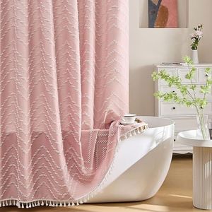 Siiluminisoy Extra Long Pink Shower Curtain with Tassel, Woven Fabric 90 in, Tufted Chevron Striped, 72 x 90, Modern Chic Textured Minimalist Bathroom