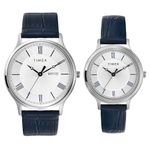 TIMEX Leather Unisex Pairs Silver Round Analog Brass Dial Watch- Tw00Pr298