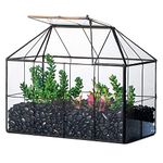 NCYP Geometric Terrarium Planter - 25x13.5x20 cm - Grid House Shape Glass Terrarium Box for Succulent Cacti Air Plants, Modern Indoor Tabletop Centerpiece, Flower Pot, Black (No Plants)