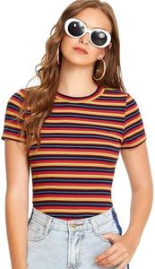 Milumia Women's Casual Multi Striped Ribbed Knit Short Sleeve Tee Knit Top Tshirt Multicolor Red XX-Large