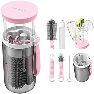 6 in 1 Baby Bottle Brush Set, Bottle Cleaner Kit with Silicone Bottle Brush, Nipple Brush, Straw Cleaning Brush, Soap Dispenser, Baby Bottle Drying Rack for Travel and Home Use- Pink