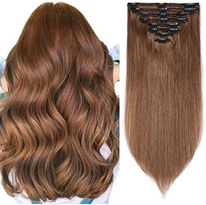 24"(60cm) Extensiones de Cabello Natural Clip [Double Weft-Muy Gruesa] #6 Castaño Claro 100% Remy Pelo Humano 8 Piezas 18 Clips Liso (170g)