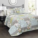 Lush Decor Blue Roesser Quilt | Patchwork Floral Reversible Print Pattern Country Farmhouse Style 3 Piece Bedding Set-Full Queen