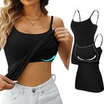 V FOR CITY Camisole for Women with Shelf Bra Adjustable Spaghetti Strap Tank Tops Basic Cotton Shelf Bra Cami Shirts 2 Pack Black