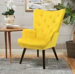 Modern Velvet Accent Chair Tufted Button Wingback Vanity Chair with Arms Upholstered Tall Back Desk Chair with Solid Wood Legs for Living Room Bedroom Waiting Room (Yellow)