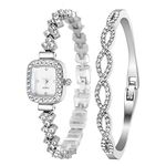 Clastyle Stylish Crystal Women Watch and Bracelet Set Rectangular Dial Full Rhinestone Watches for Ladies Mother of Pearl Bracelet Watch Bling Iced Out Silver Wrist Watch