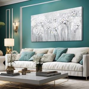 Flower Painting Grey and White Hand Painted Canvas Wall Art for Living Room Bedroom Kitchen Dinning Modern Artwork 24x48 Inch