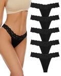 VOENXE Seamless Lace Thongs for Women,No Show Ladies Knickers Underwear,Lady Breathable Thong,No VPL Comfortable Panties Soft Laser Cut Undie Tanga,5-Pack Black