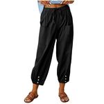 mxgynxP Womens Linen Pants Summer Casual Drawstring Elastic Waist Capri Yoga Loose Wide Leg Long Palazzo Trousers, Black, Medium