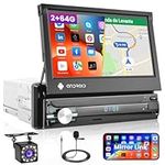 Hikity Android 1 Din Flip Out Car Stereo with 7 Inch Touch Screen, 2GB+64GB Single Din Car Radio Gps navigation, Bluetooth Stereo Unit with Backup Camera WiFi