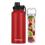 InstaCuppa Thermos Steel Fruit Infuser Water Bottle 1 Litre, Tritan Infusion Unit, Detox Infused Recipe eBook, Red