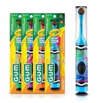 GUM Crayola® Marker Power Brush with Stickers + Travel Cap, Power Electric Toothbrush with Travel Cap, Suction Cup Base, Ages 3+, Colour Varies, 4 Toothbrushes (4 Packs of 1 Toothbrush)