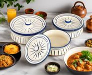 Praahi Lifestyle Ceramic Biryani Handi Set with lid, Blue White Handpainted Rice Pot for Serving dal, Curry |Set of 3 | 1250 ML, 900 ML, 600 ML (Microwave Safe) Diwali Gifts for Friends and Family