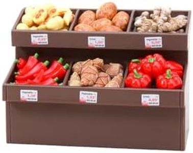 Mini Realistic Vegetable Rack Model, 1/20 Scale Miniature Supermarket Kitchen Props with 40 Vegetables & Brown Rack for Dollhouse, Food-Play Accessory Set for Birthday Christmas