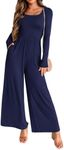 KIRUNDO Women's 2024 Fall Long Sleeve Wide Leg Jumpsuits Casual Dressy One Piece Square Neck Long Romper With Pockets(Navy, Small)