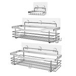 Orimade Shower Caddy Basket Soap Dish Holder Shelf with 5 Hooks Bathroom Organiser Shelf Kitchen Storage Rack Wall Mounted Adhesive No Drilling SUS304 Stainless Steel - 3 Pack