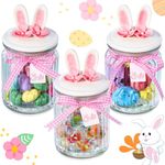 Sunnychicc 3 Pcs Easter Bunny Cute Cookie Jar Glass Candy Jars with Ceramic Lid Storage Rabbit Canister Airtight Candy Dish Buffet Containers with Ribbon and Labels for Eater Party Kitchen Decor