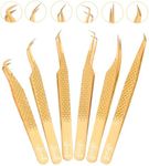 SIVOTE Eyelash Extension Tweezers Fiber Tips Japanese Steel, Set of 6, Curved, Dolphin, 90 Degree 45 Degree, Volume Boot & Slight Curved Tweezer, Gold