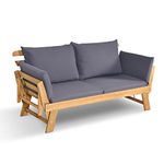 DORTALA Patio Convertible Couch Sofa Bed, Acacia Wood Daybed w/Adjustable Armrest, Collapsible Chaise Lounge w/Cushions & Pillows, Outdoor Loveseat for Garden, Poolside, Courtyard, Grey