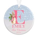 Personalised Baby's First Christmas Ceramic Bauble | Snow Rabbit Baby Girl Boy Newborn Ceramic Round Ornament Tree Decoration Keepsake (Pink, Design 2)