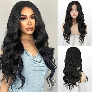 FESHFEN Parrucche Nero Lunghe Ondulate Donna, Parrucca Sintetica Parrucche Parte Centrale Lunga Parrucca Front Lace Naturale per Donna 65 cm