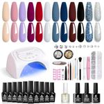 Beetles 12 Colors Gel Polish Starter Kit with 48W UV LED Lamp Cured Base Top Coat Nude Gray Pink Blue Gel Polish Glitter Powder DIY Nail Art Rhinestone Gems Gifts for Women Girls