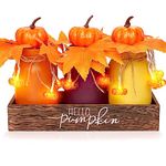 Thanksgiving Centerpiece Mason Jars, Autumn Themed Centerpiece Indoor with Harvest Decorations and Pumpkin Decor Lights Perfect for Thanksgiving Decorations 3 PC Fall Color Mason Jars with Wooden Box